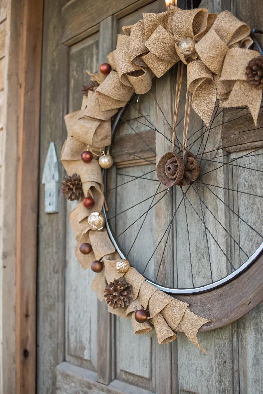 A charming vintage bike wheel decoration featuring canvas and wood accents.