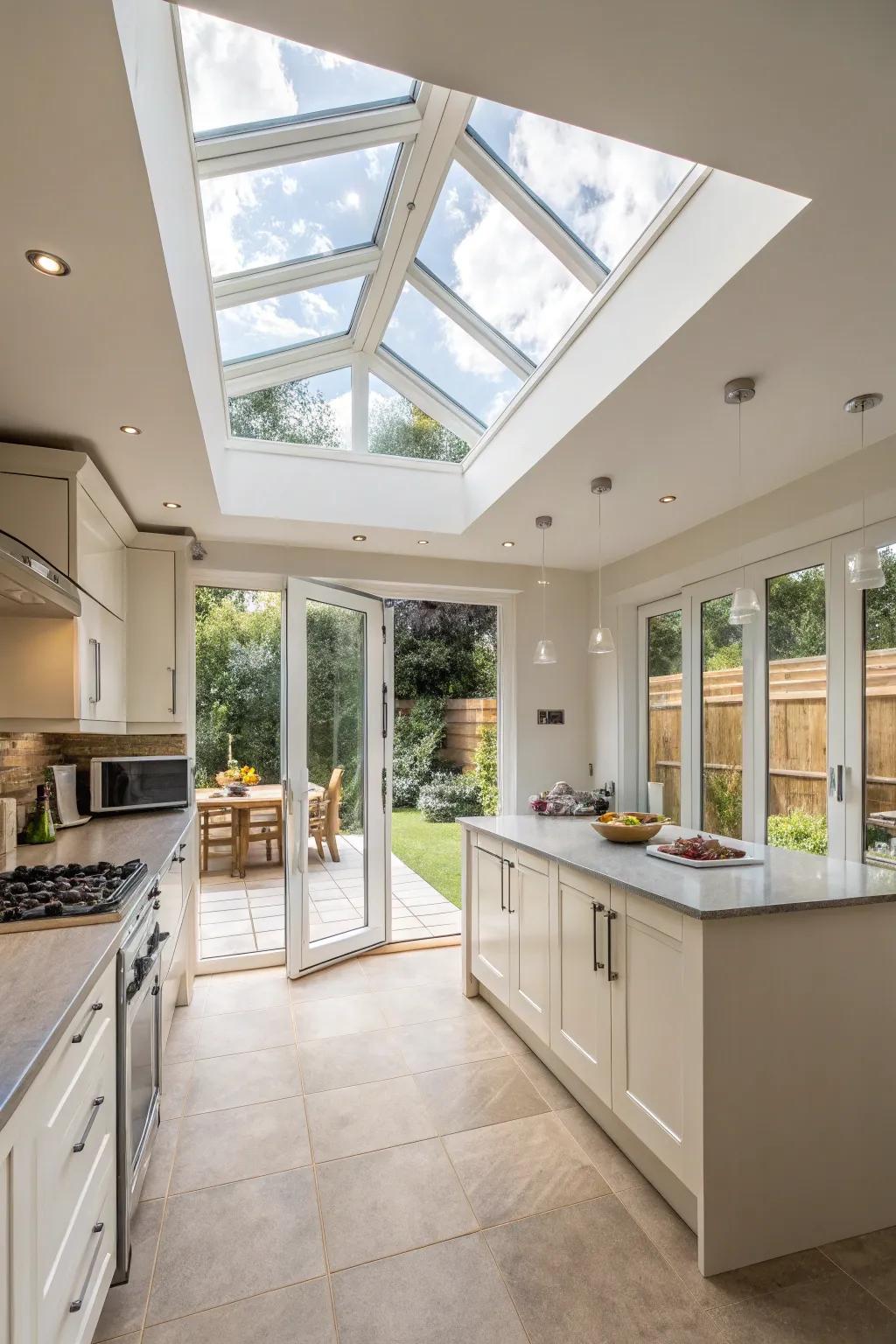 Couple folding doors with overhead lights to flood your kitchen with light.