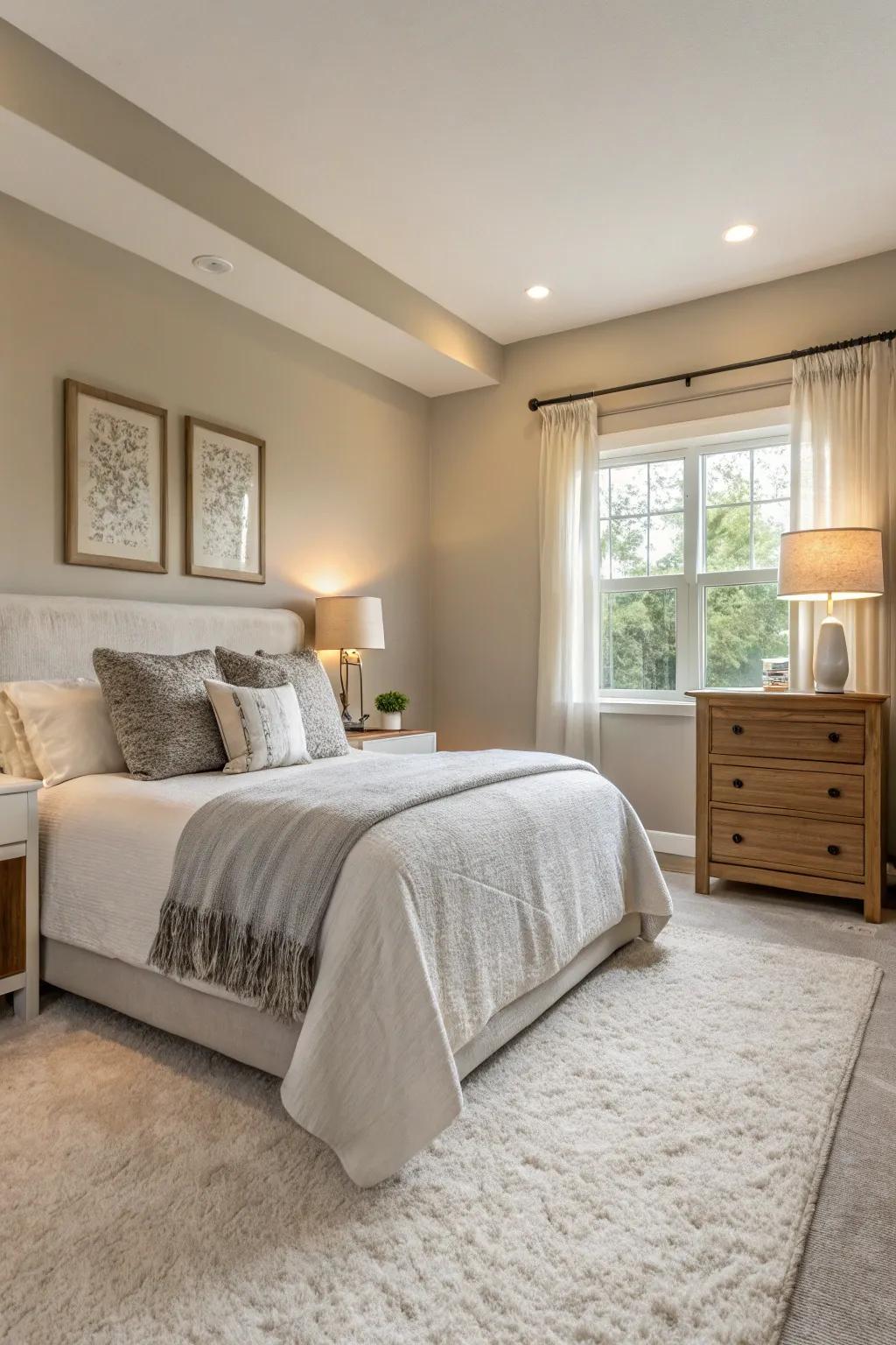 A tranquil bedroom adorned with an understated and gentle color palette.