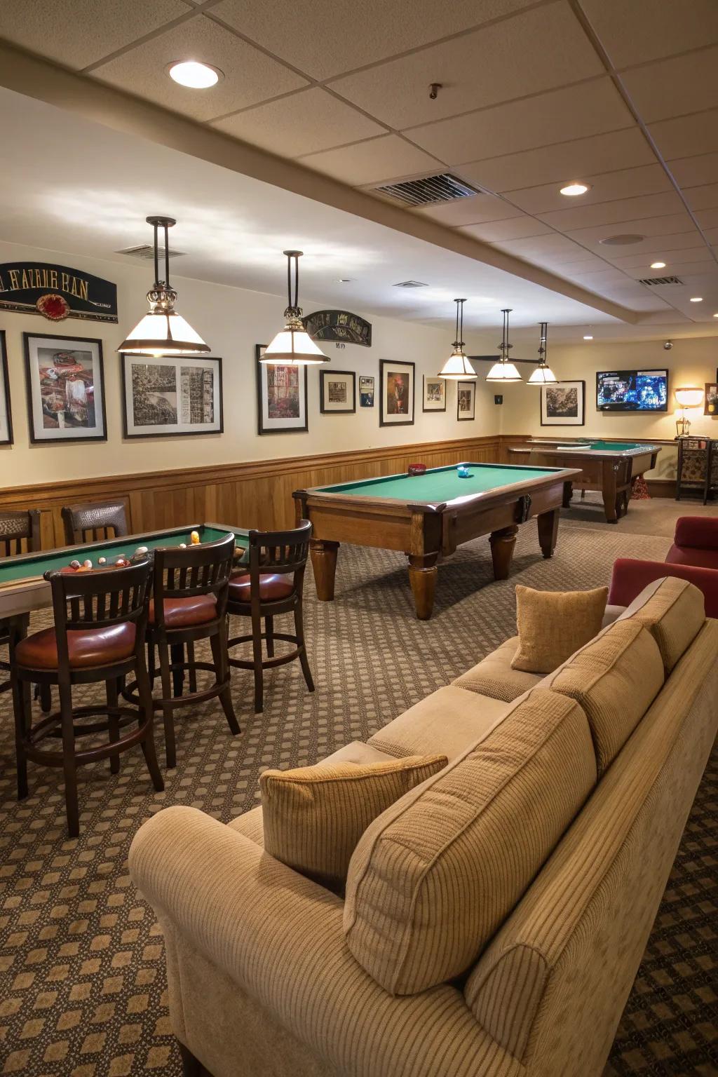 Comfy seating arrangements in a friendly billiard room.