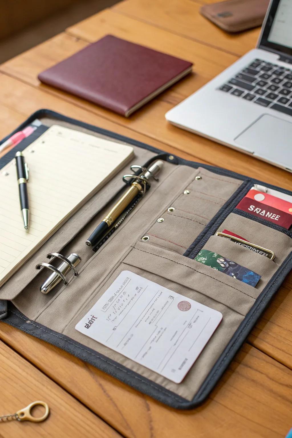 A binder with pockets for easy storage.
