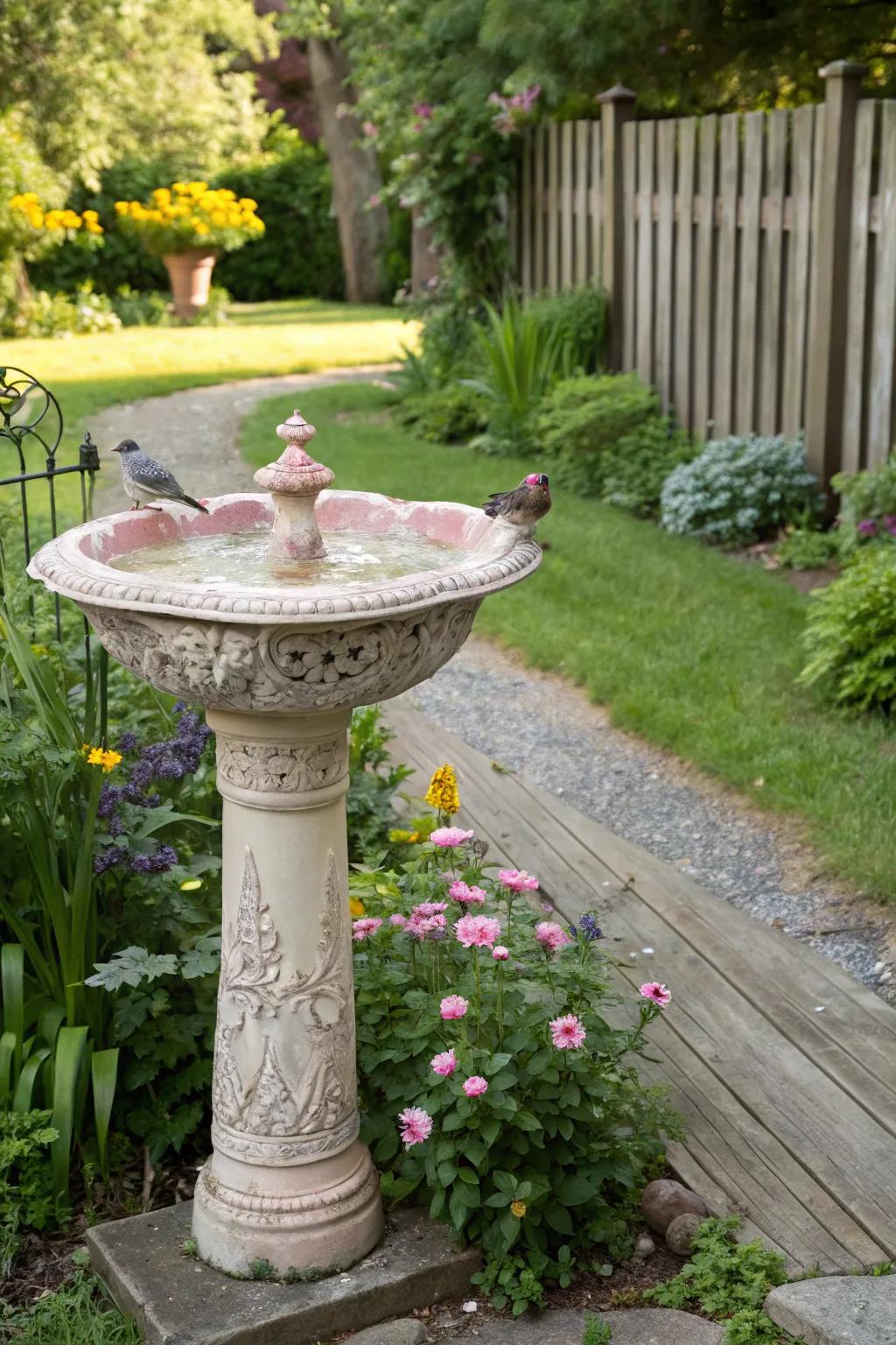 An upcycled sink bird bath stands as a singular garden highlight.
