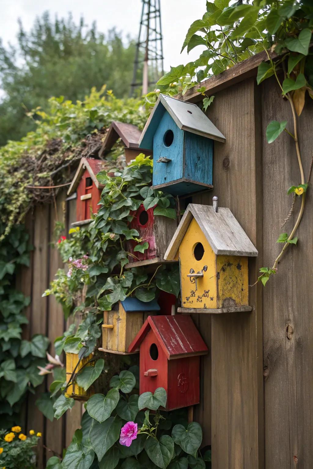 A charming cluster of bird dwellings forges a lively community on a fence.