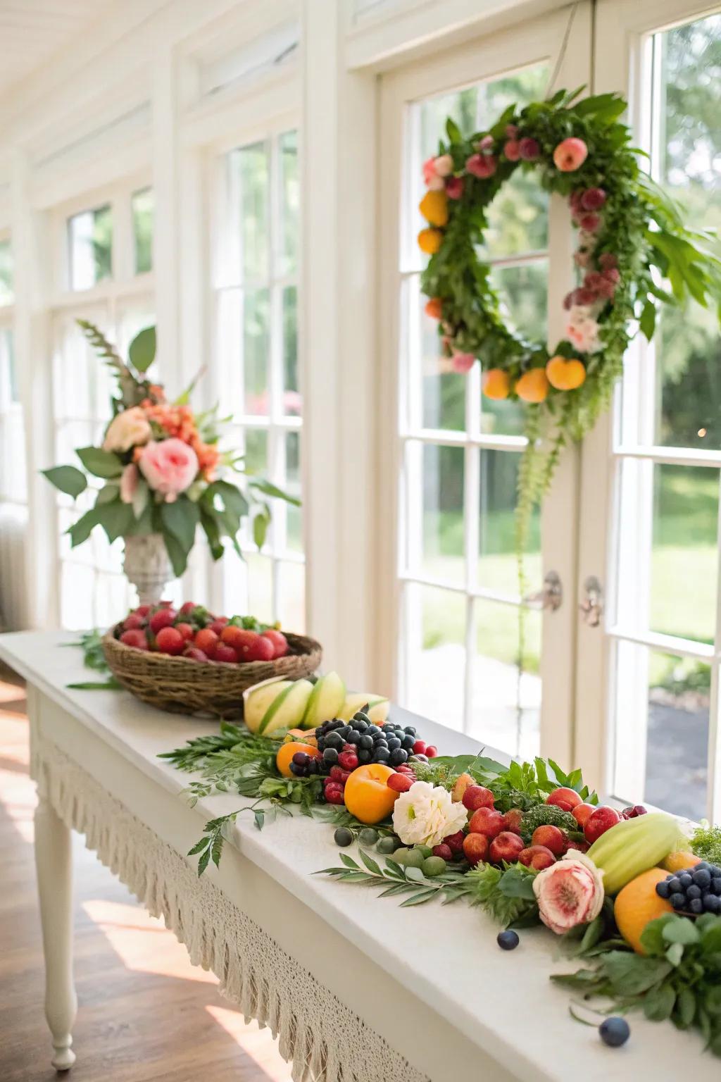 A revitalizing and colorful fruit and floral swag for summer gatherings.