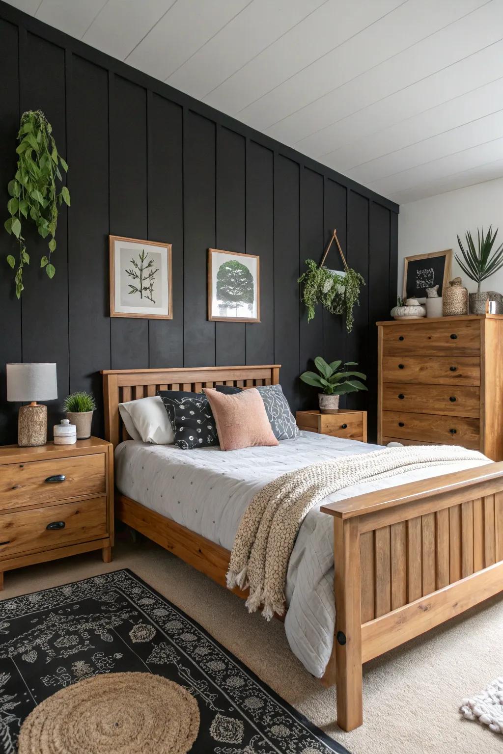 A harmonious fusion of wood and black in a welcoming bedroom setting.