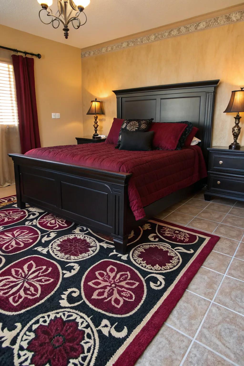 A textured rug using black and burgundy infuses visual significance and unites the room together.