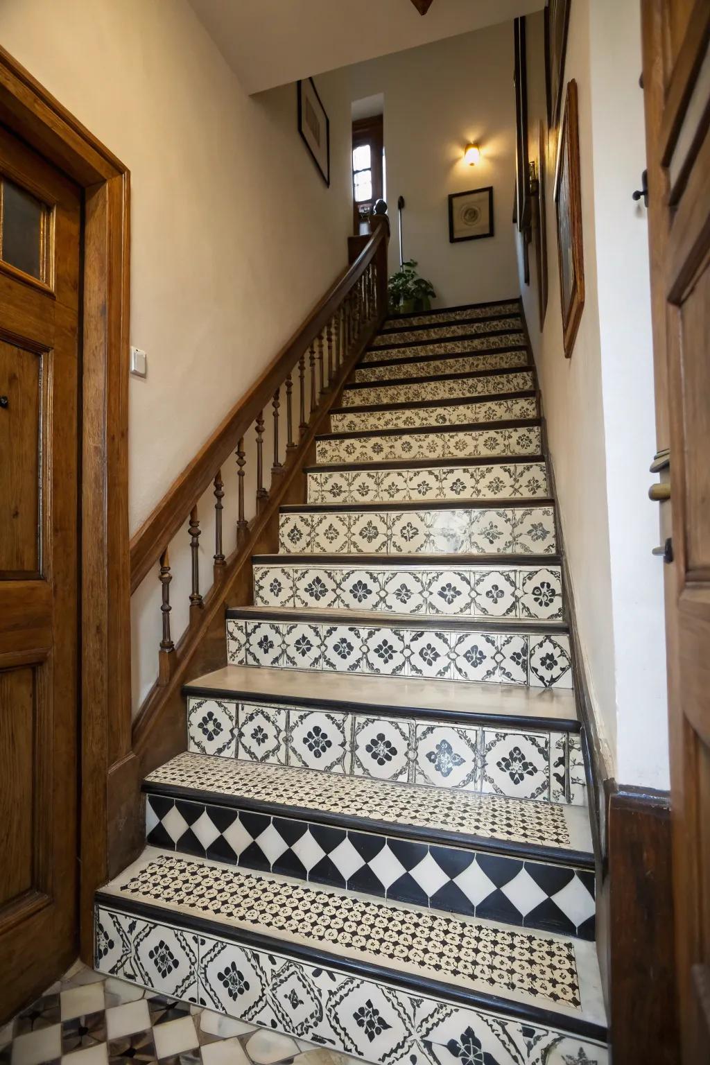 A traditional staircase showcasing classic black and white patterns for timeless charm.