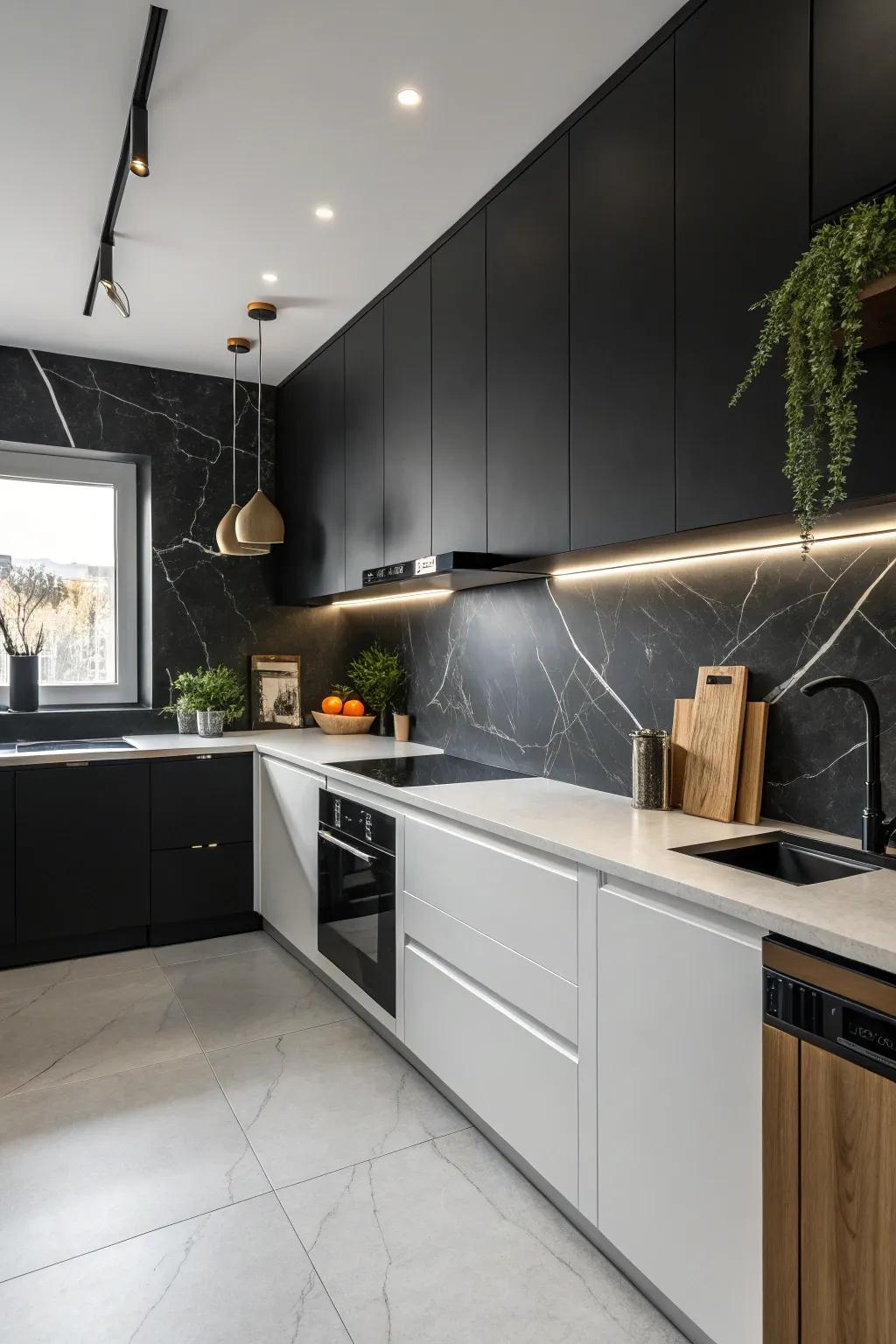 A minimalist kitchen with a satin ebony backsplash that radiates understated sophistication.