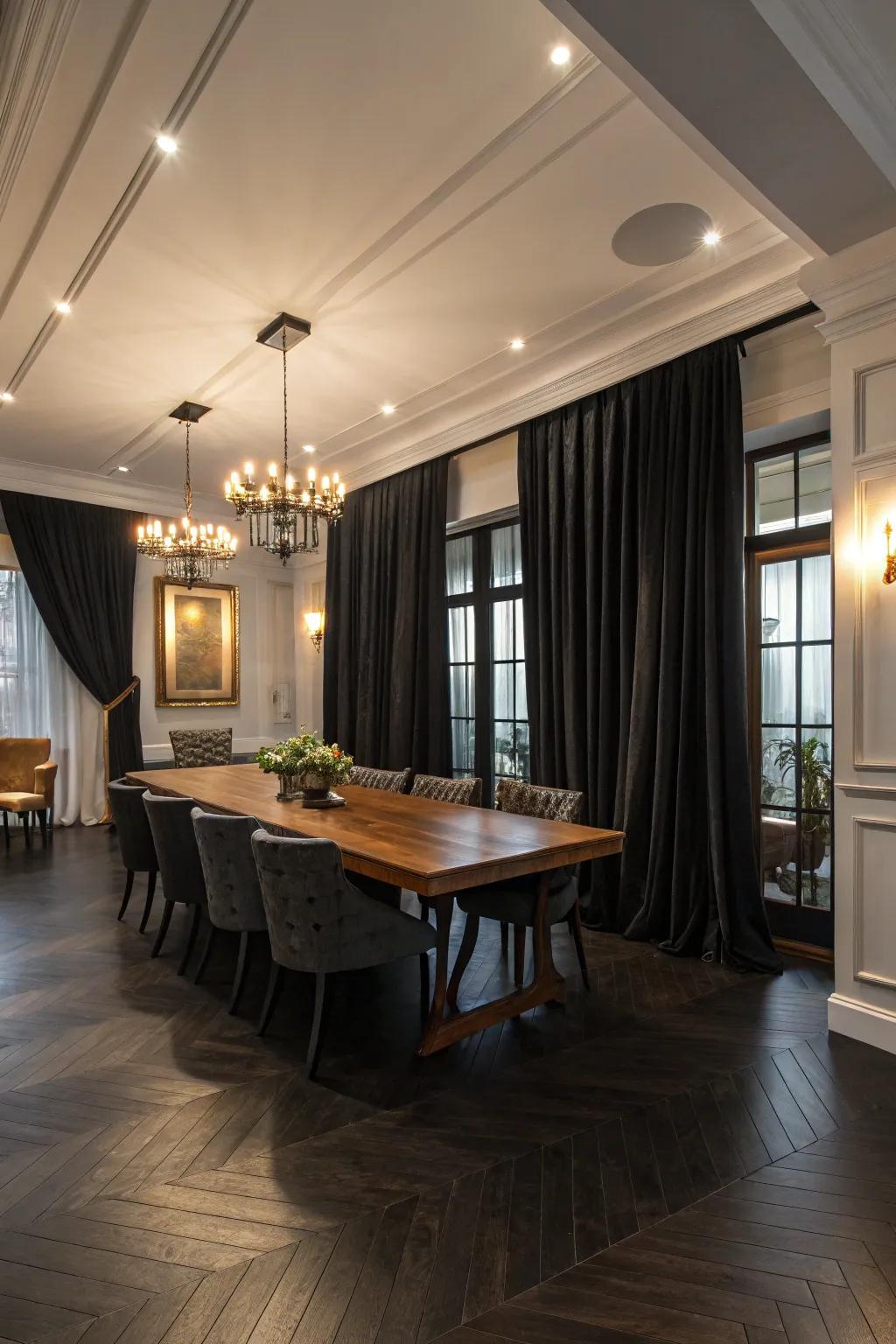 Textural draperies elegantly structure the space.