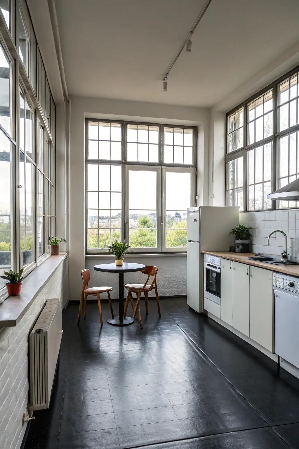 A minimalistic culinary space with dark flooring that underscores simplicity and elegance.