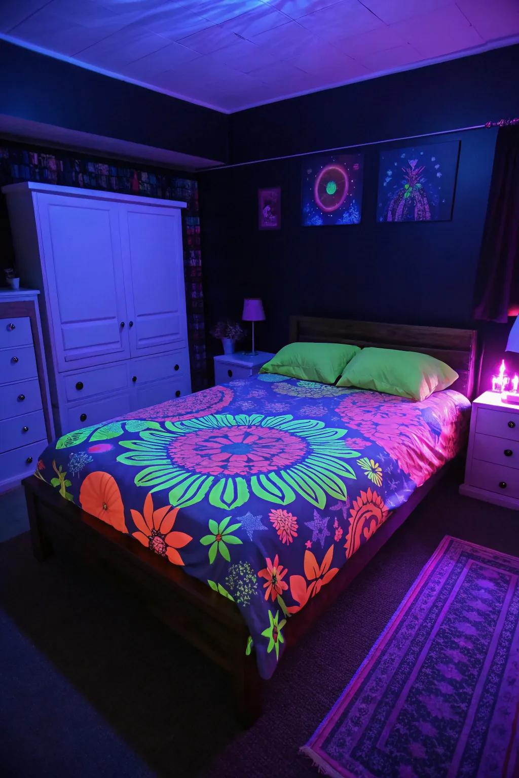 Fluorescent bedding adds a playful glow to your bedroom.