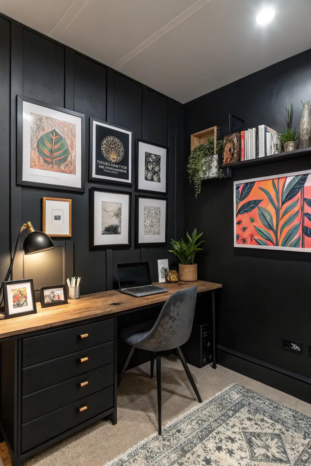 Artwork imparts individuality and inspiration to a charcoal office.