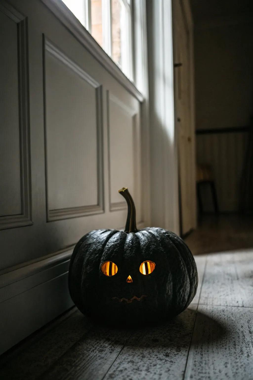 A dark-colored pumpkin with eerie radiant orbs, introducing a mysterious vibe to the design.