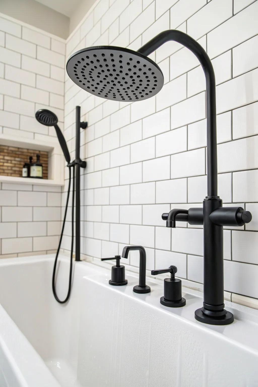 Matte ebony fixtures infuse this bathroom design with a modern flair.