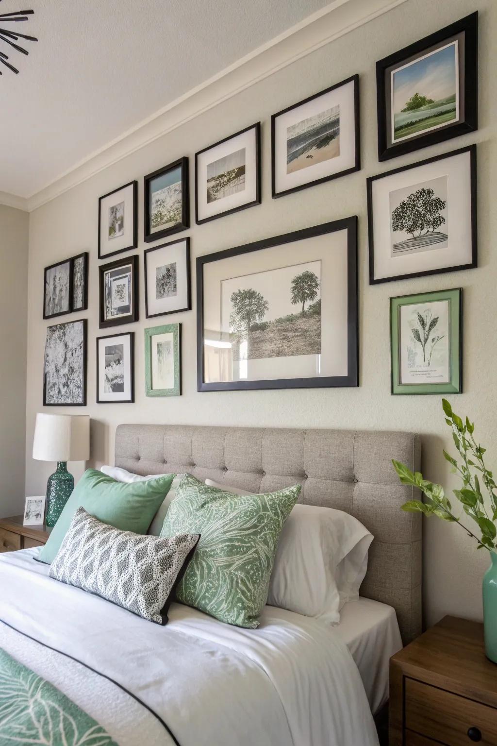 Dark and light-toned art with green elements to enhance the room's theme.