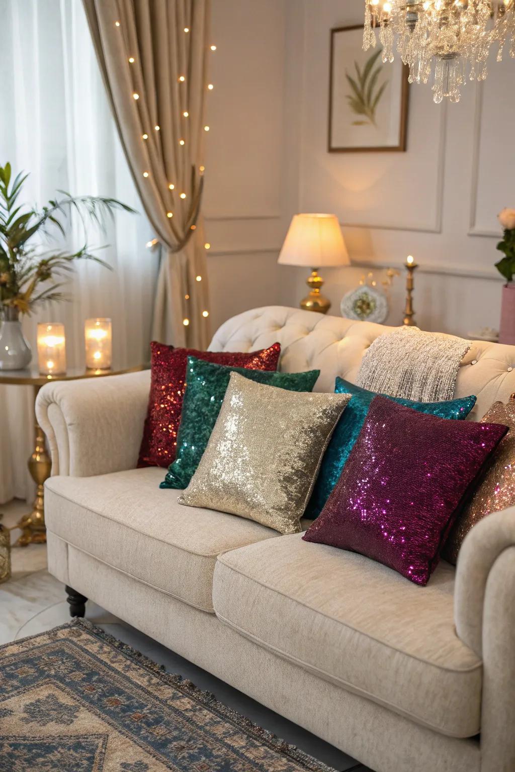 Sequined pillows giving the living room a lush vibe.
