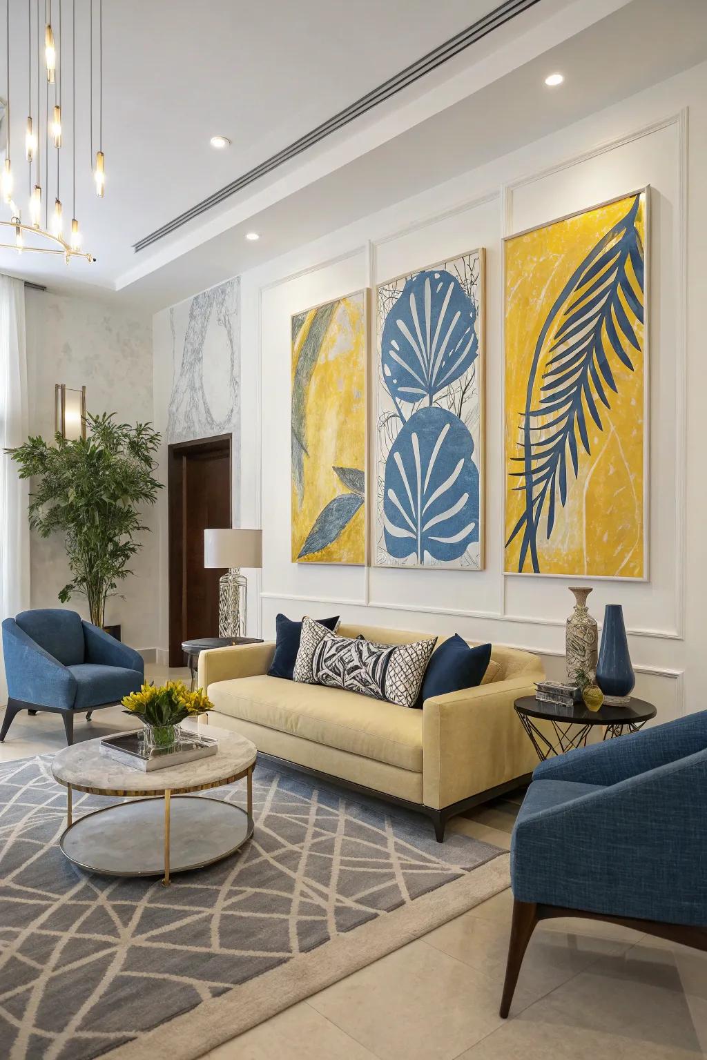 A living space enhanced by azure and gold abstract artwork for a sophisticated feel.
