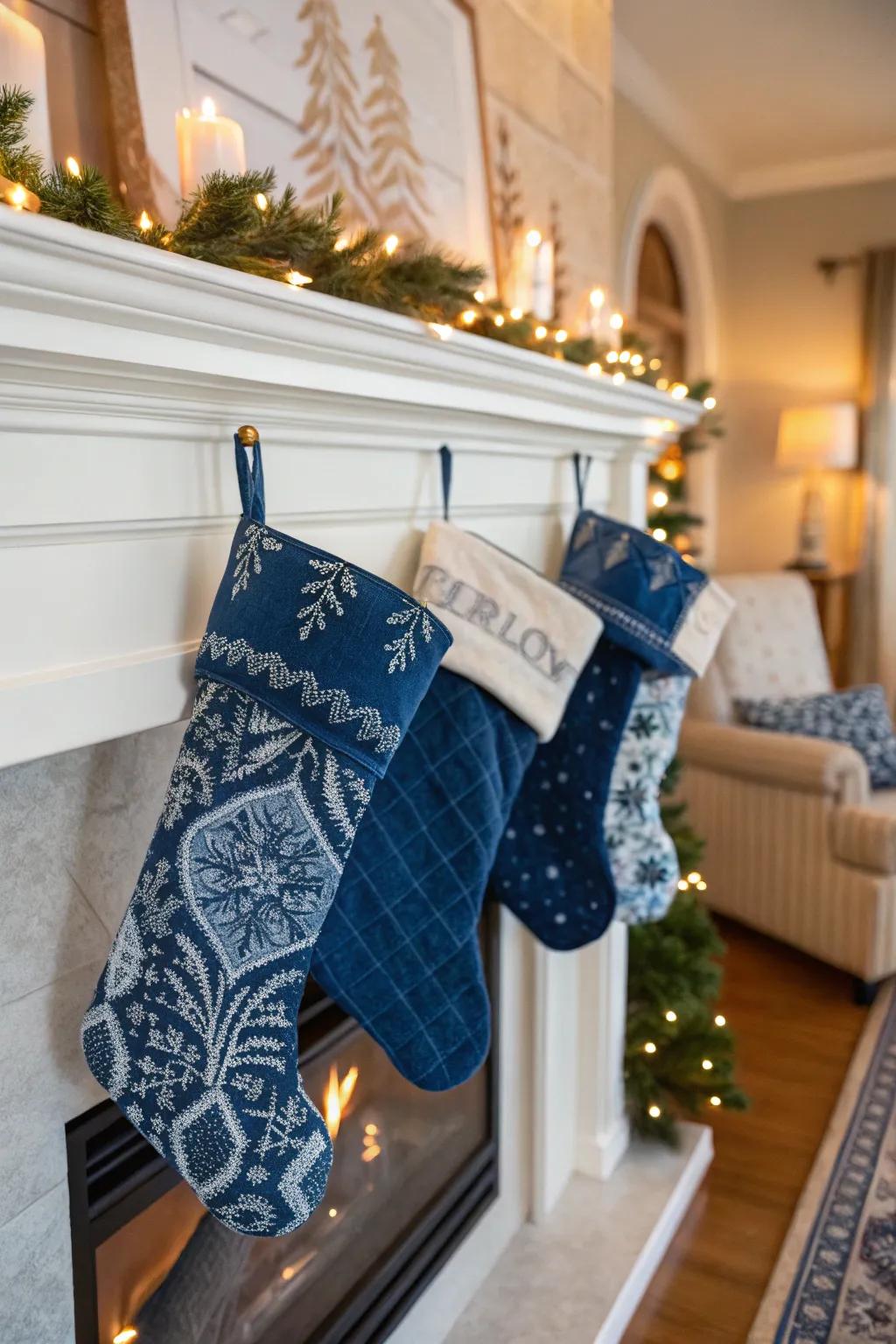 Luxurious hosiery of blue velvet set by the fireplace