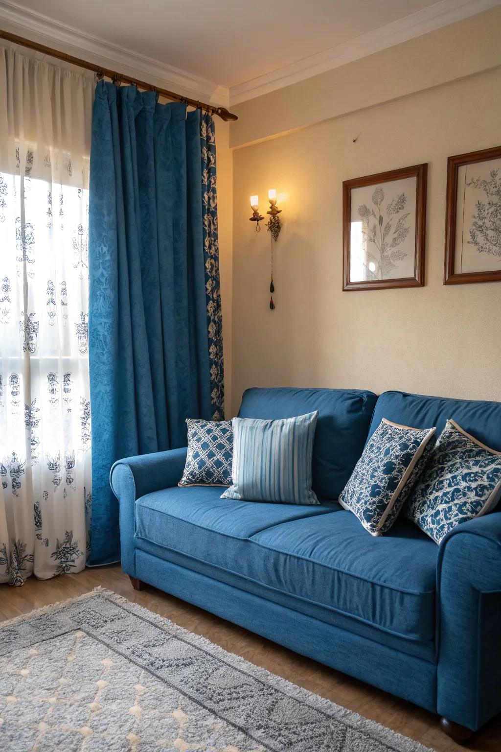 A monochromatic cerulean palette crafts a serene and cohesive area.