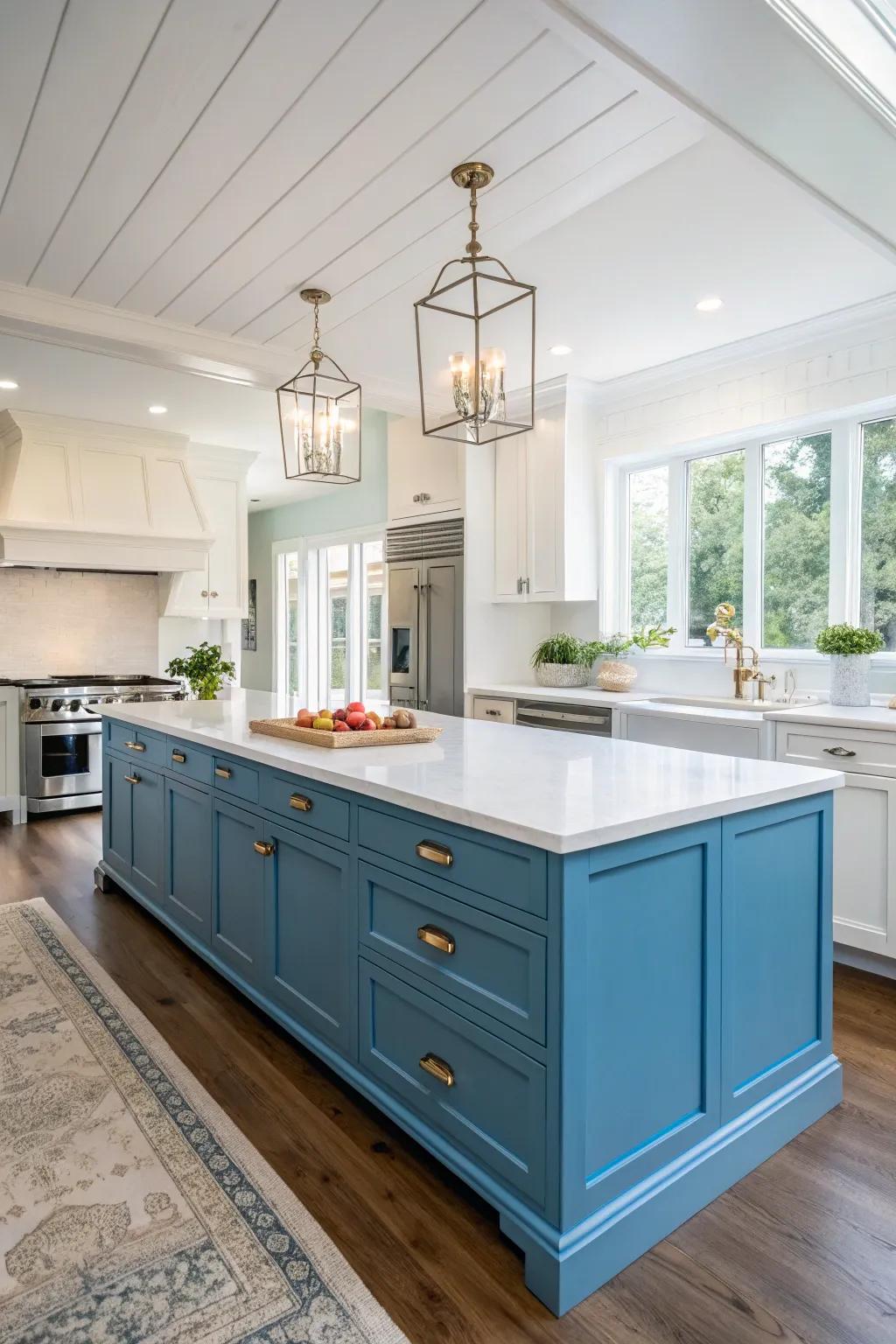 The contrast of cerulean and bright creates a visually stunning kitchen.