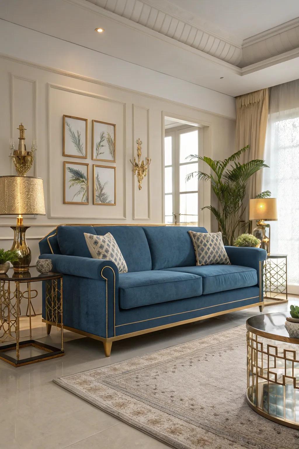 Metallic accents bring an opulent feel to a cerulean couch.