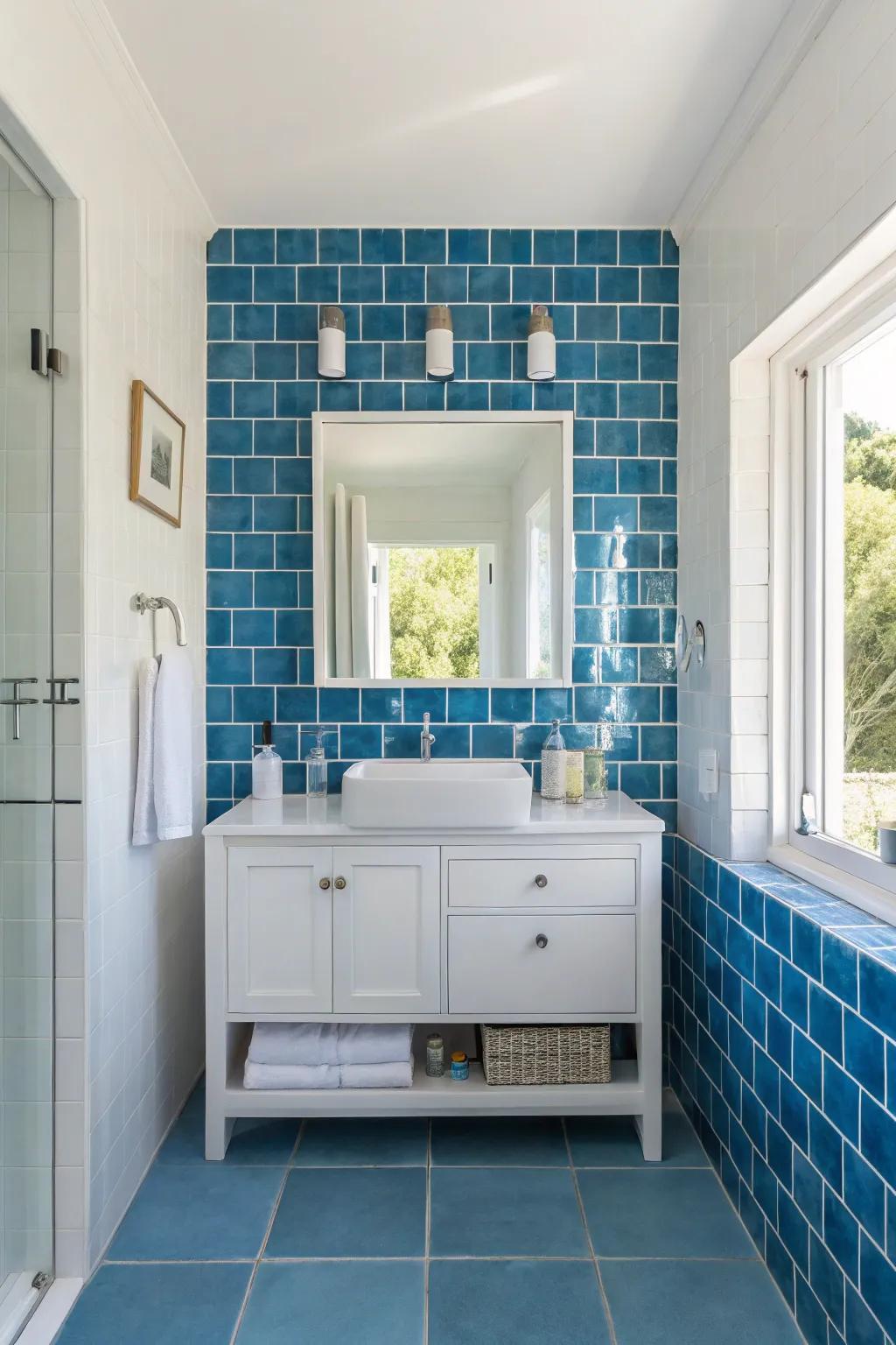 A strong azure accent wall can alter your washroom into a sensational centerpiece.