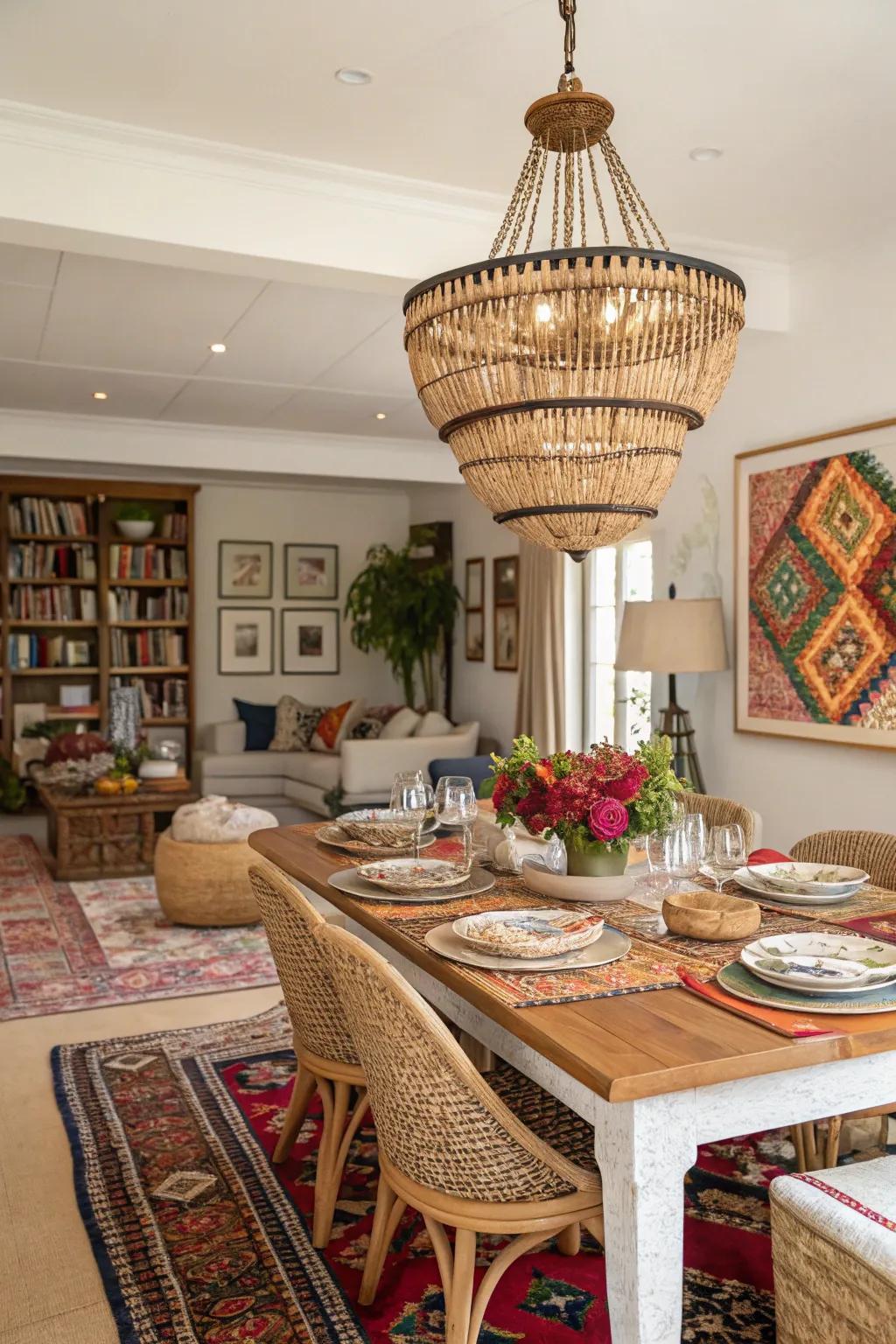 An ornamental chandelier includes elegance and playfulness to this boho dining space.