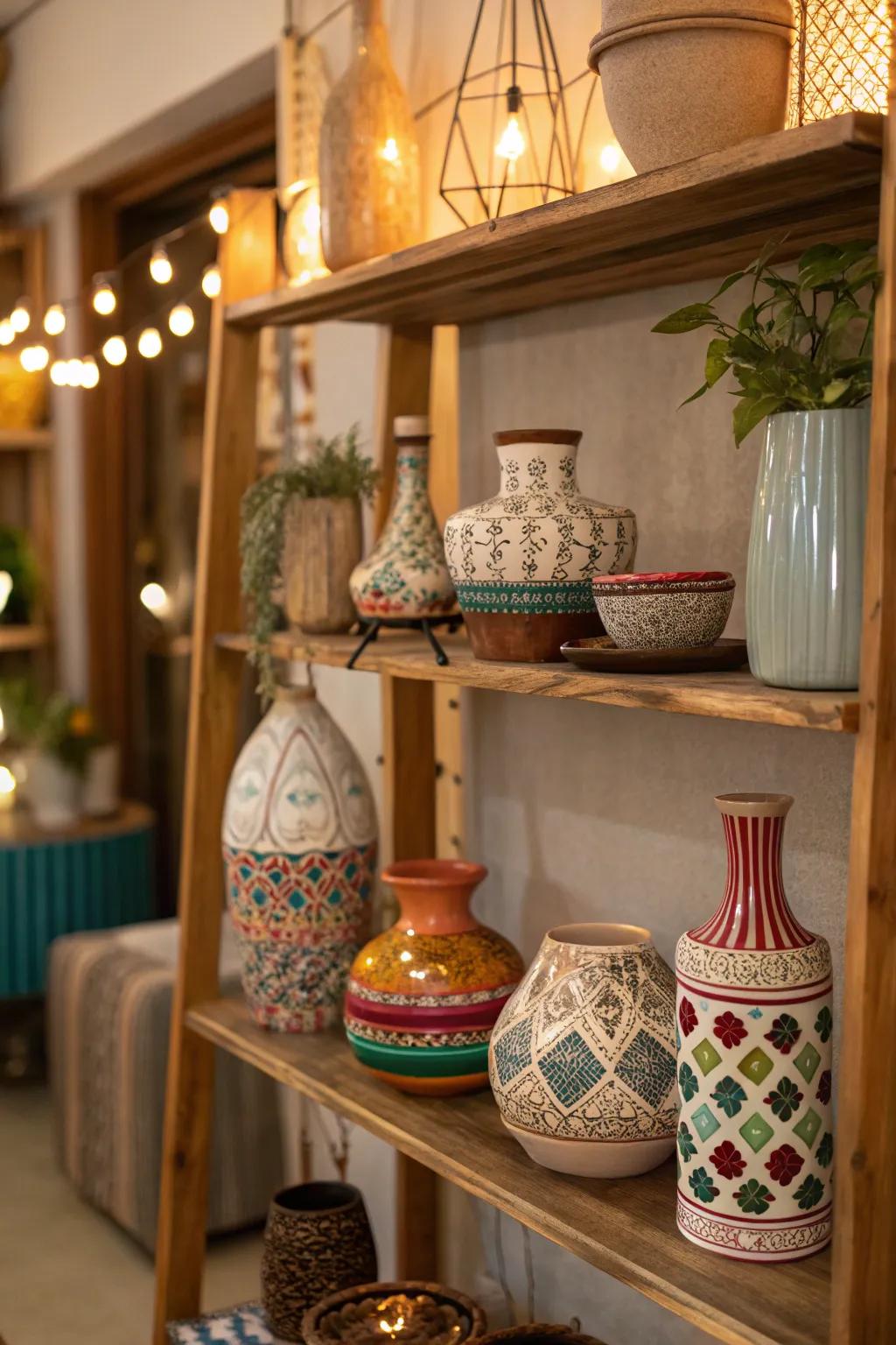 One-of-a-kind jugs and ceramic wares impart personality.