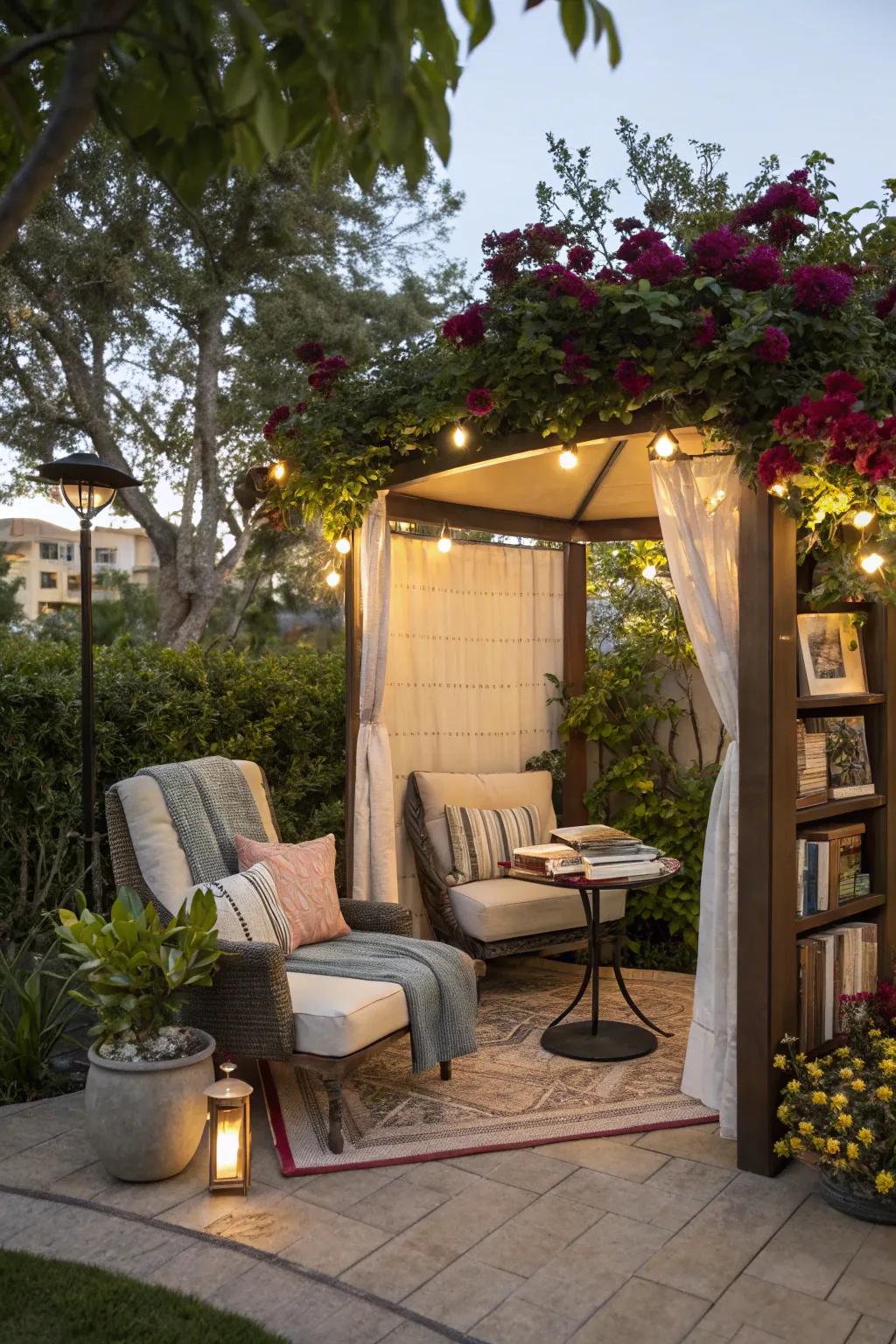 An outdoor reading space providing a tranquil reading venture.