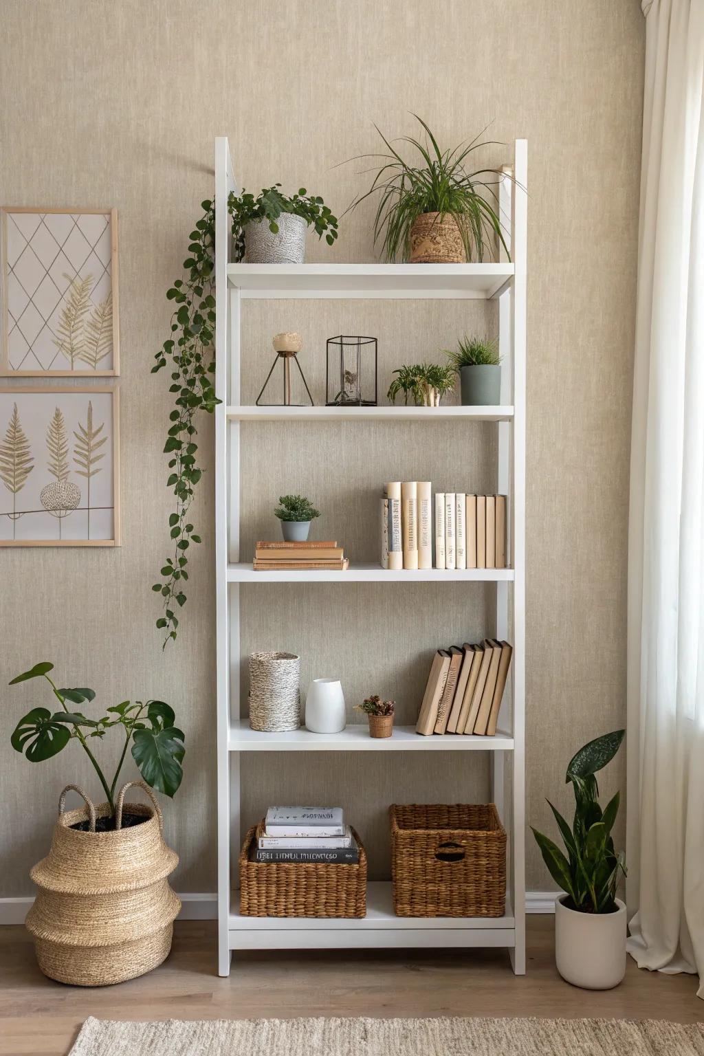 A bookshelf adorned with neutral beige wallpaper, creating a quintessential, understated appearance.