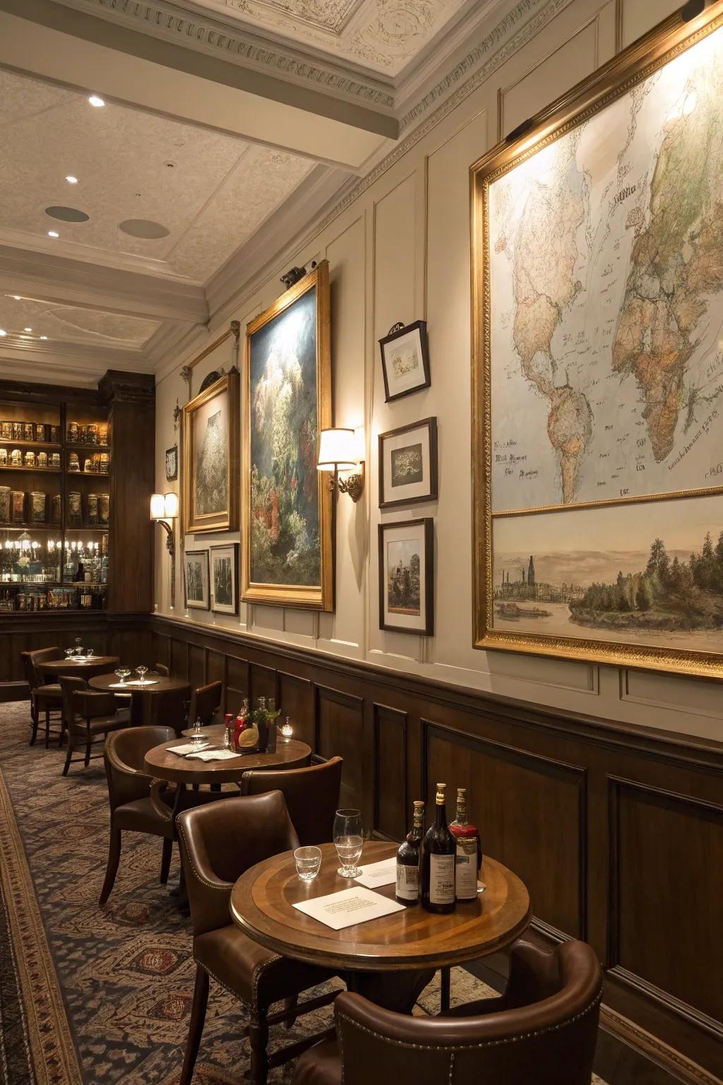 Traditional artwork and vintage cartography contribute a personalized touch.