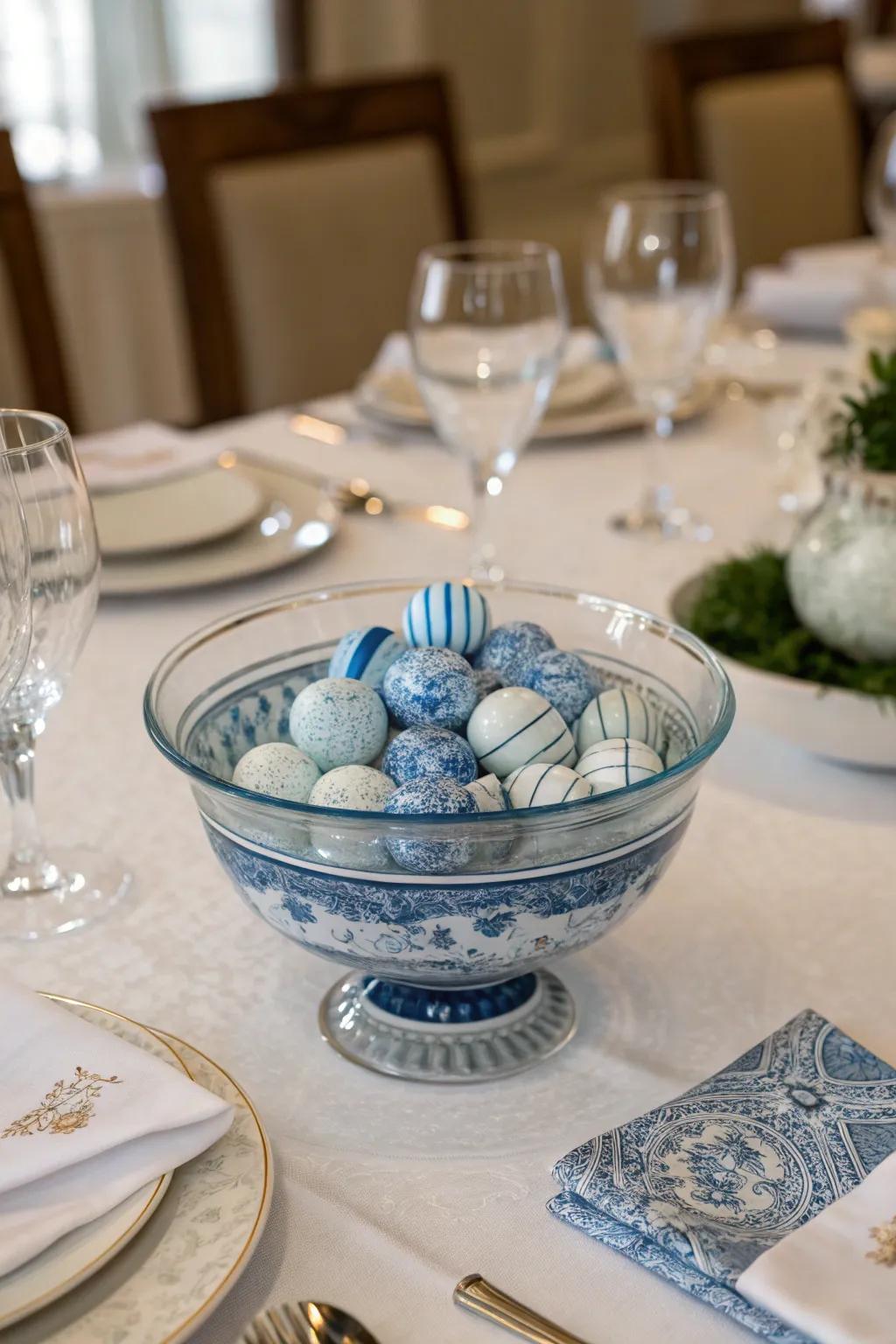 An exquisite glass bowl brimming with fine blue and white china