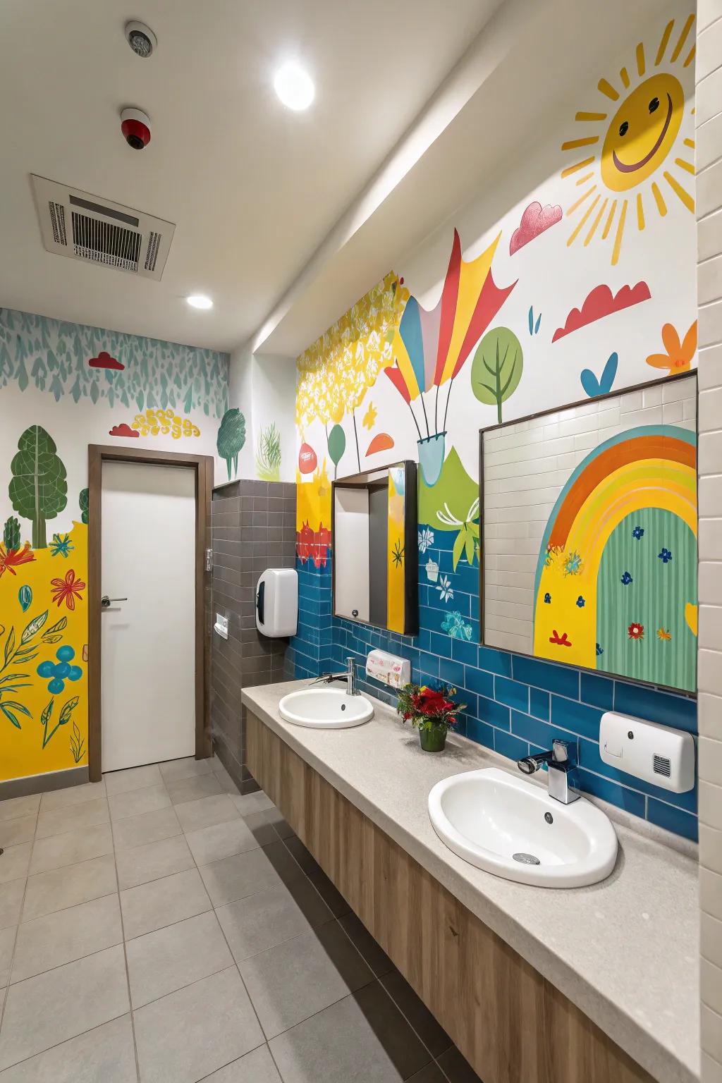 Mural displays augment individuality in a boys' lavatory.