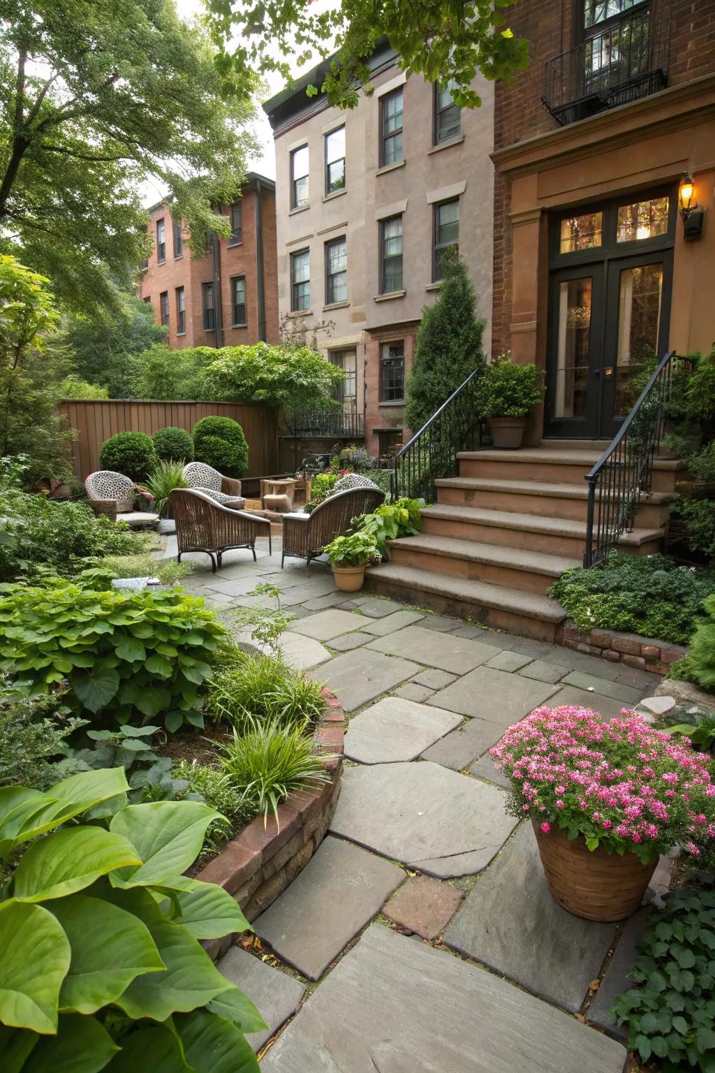 Stylish outdoor paving complements the greenery in this city backyard.