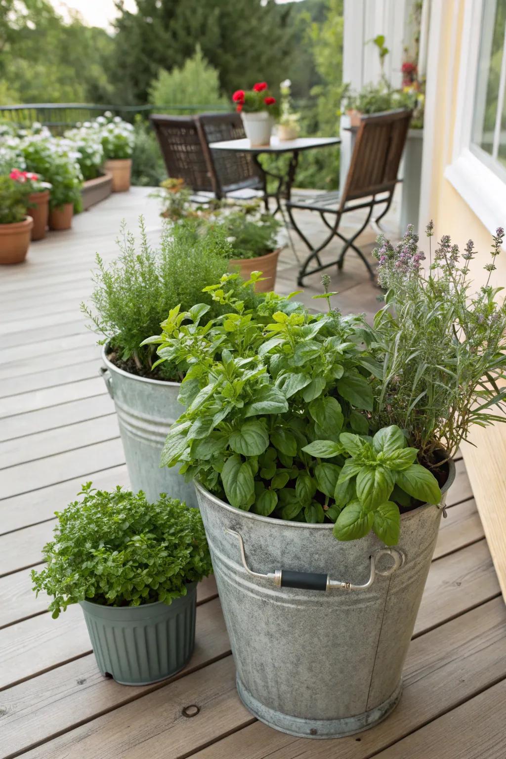 Buckets overflowing with fragrant herbs set on a sunlit patio.