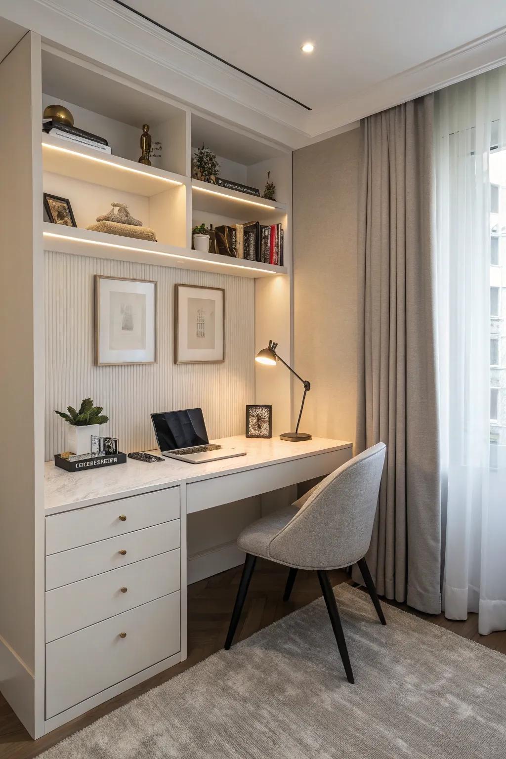 A corner turned into a productive space with a custom desk.