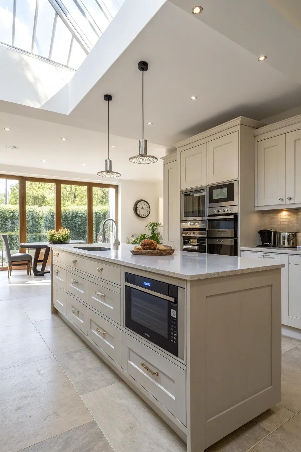 Open kitchen plan displaying a microwave incorporated into the culinary island.