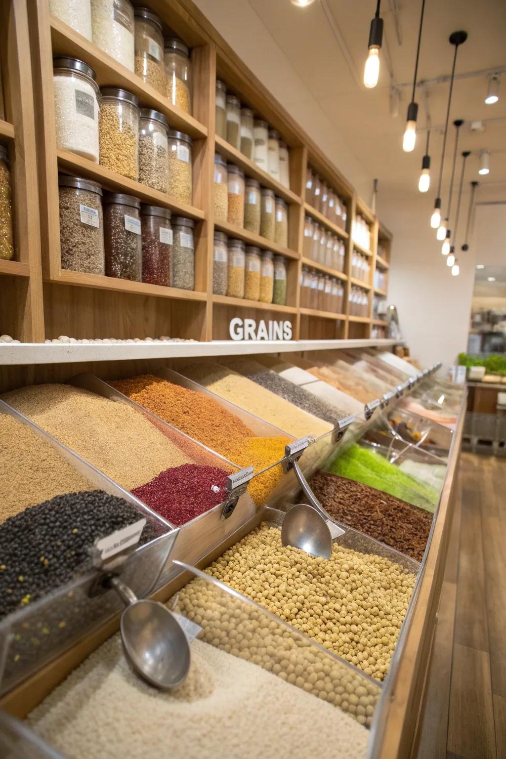 Mass capacity bins provide easy access to frequently used staples.