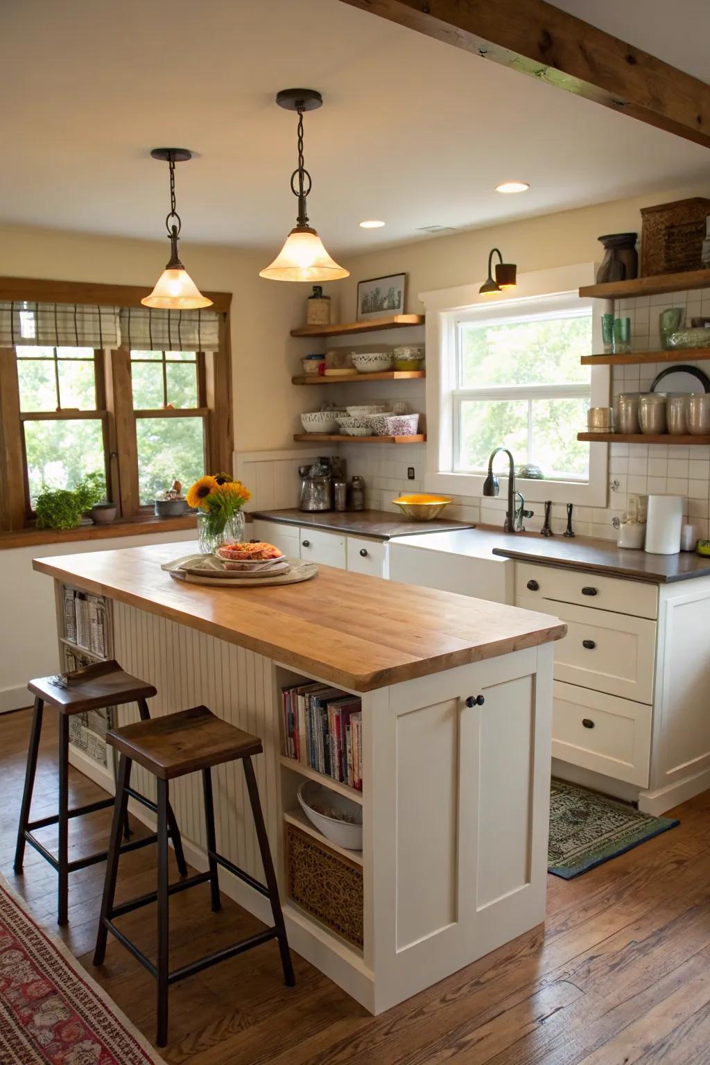 A bungalow kitchen featuring a practical central worktop for added functionality.