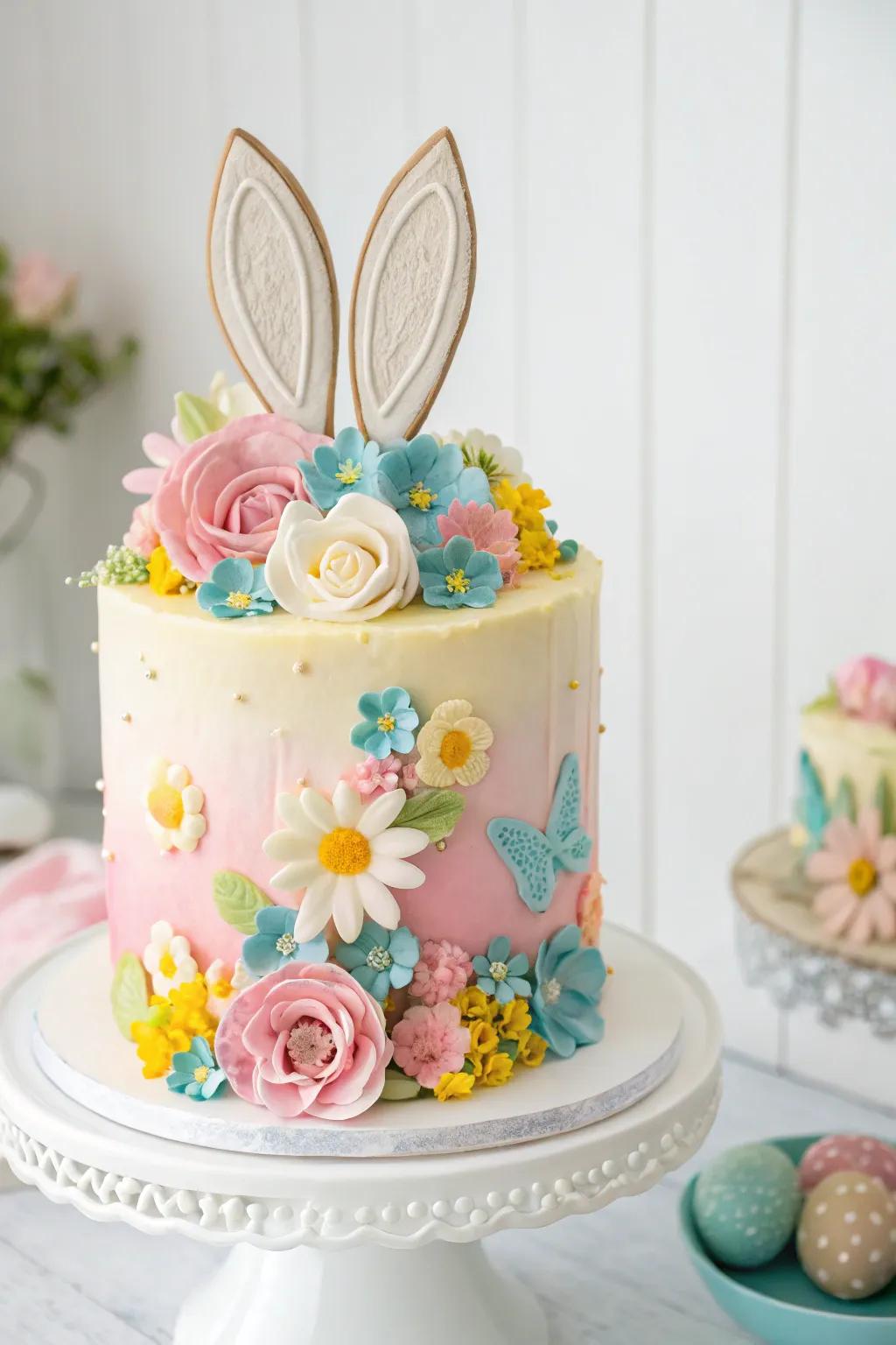 A whimsical rabbit-topped cake perfect for the baby celebration.
