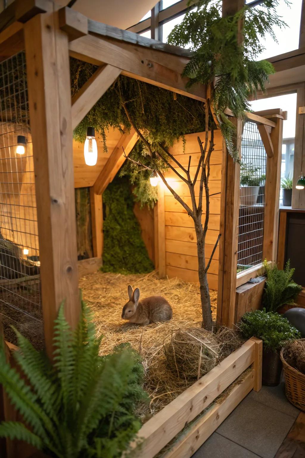 Natural materials craft a warm and inviting bunny habitat.