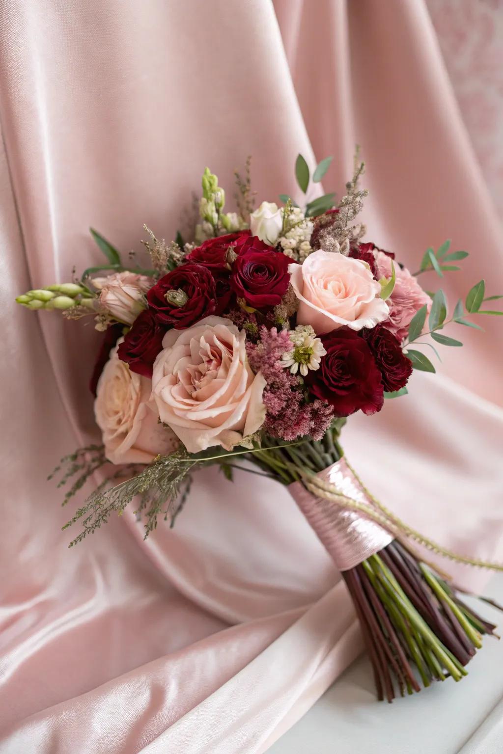 A romantic fusion of burgundy and blush flowers.
