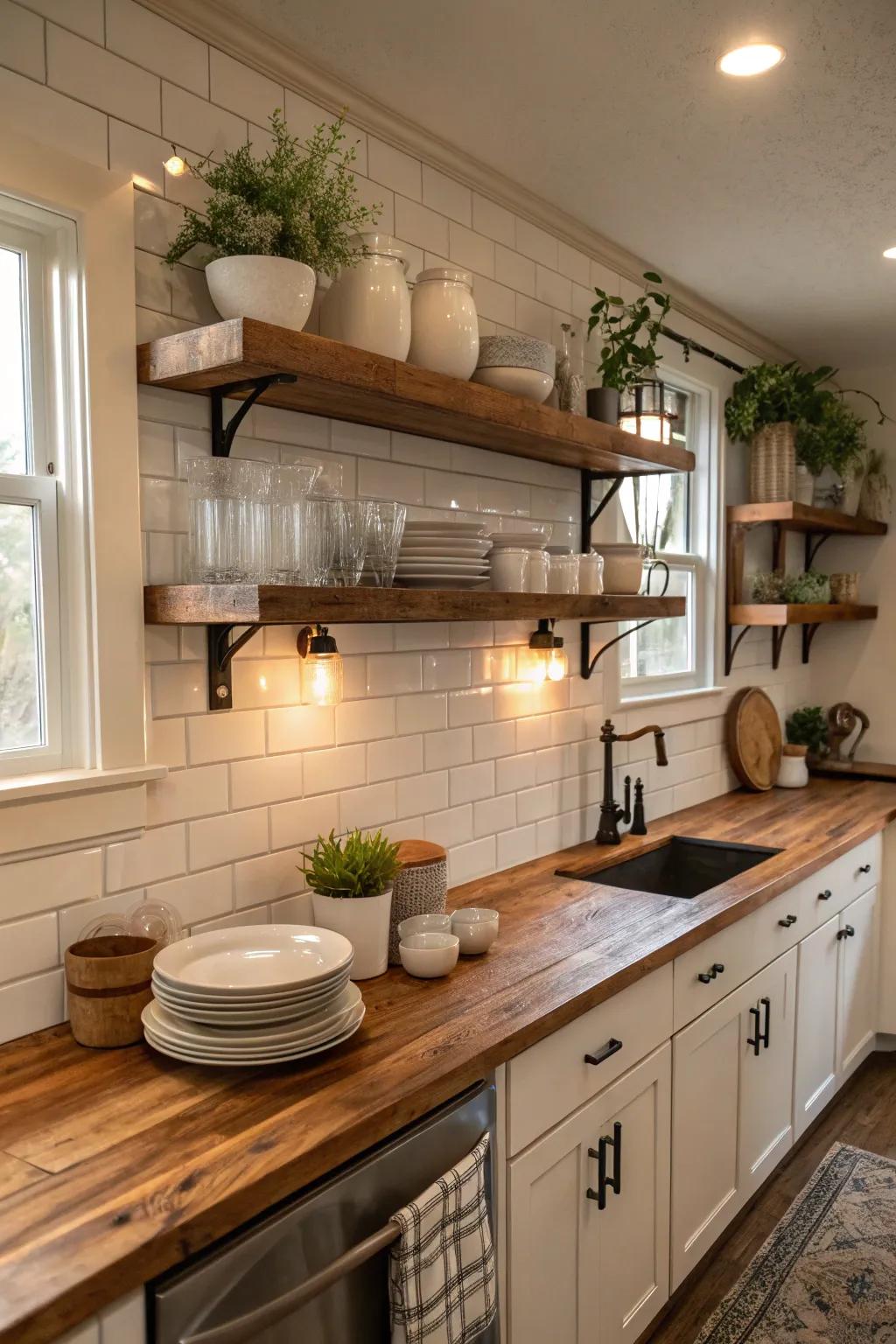 Exposed racking with wooden elements introduces a country charm and useful display space. #KitchenInspo #ShelvingIdeas #WoodenSurface