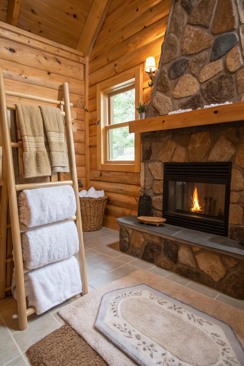 A cabin bathroom with luxurious floor coverings and soft textiles for a comfy sensation.