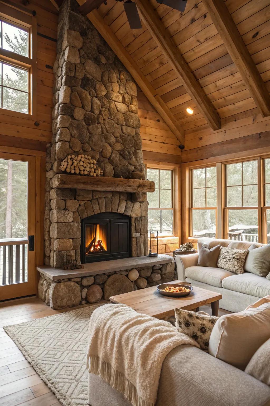 A stone fireplace crafts a toasty and welcoming central feature.