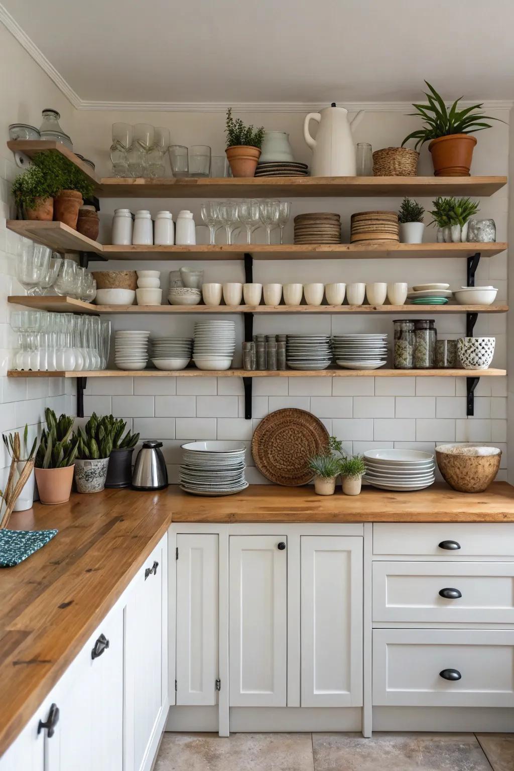 Uncovered shelving cultivates a breezy and roomy cooking area sensation.