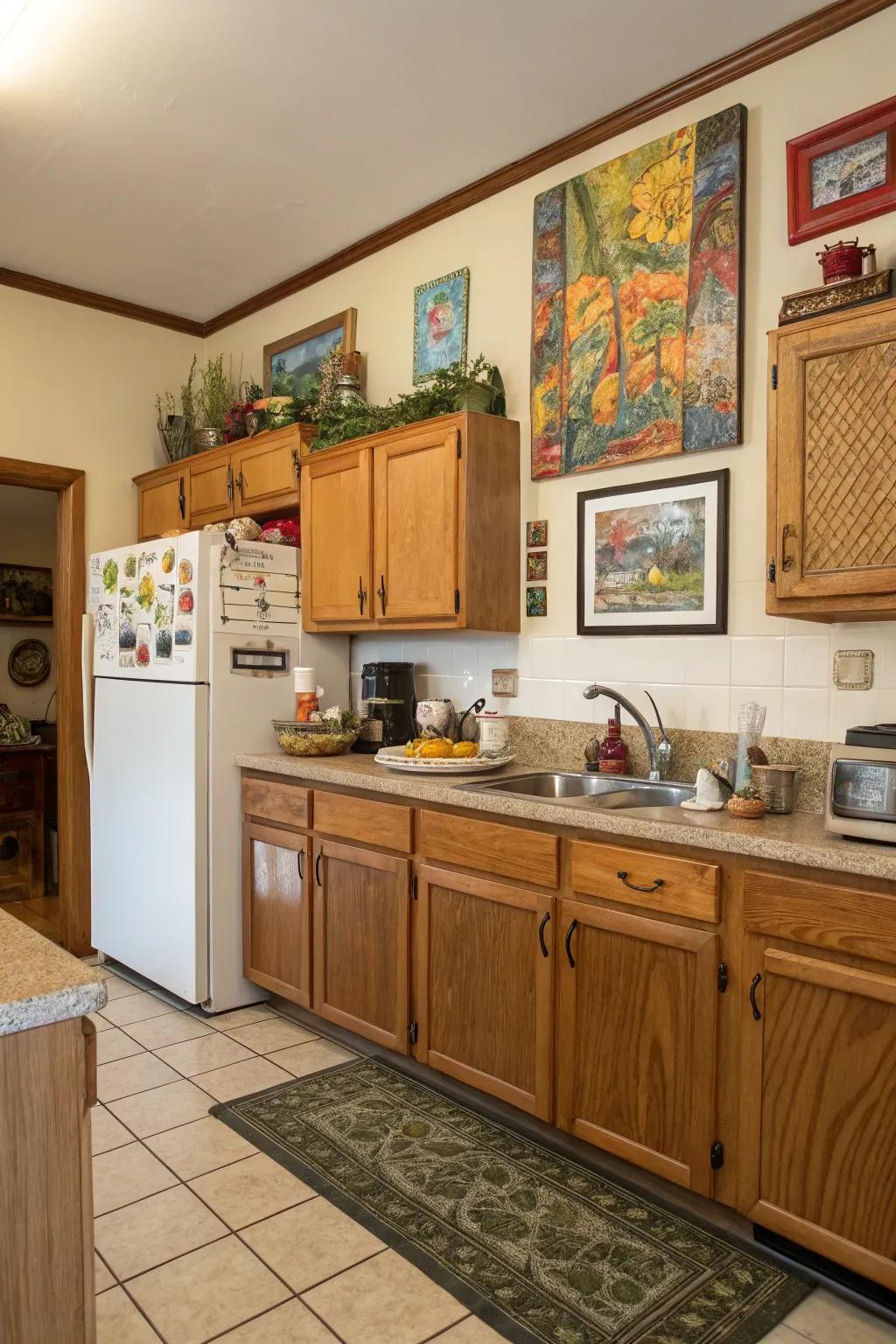 Artwork positioned above the refrigerator can infuse a unique, personal touch into your kitchen.
