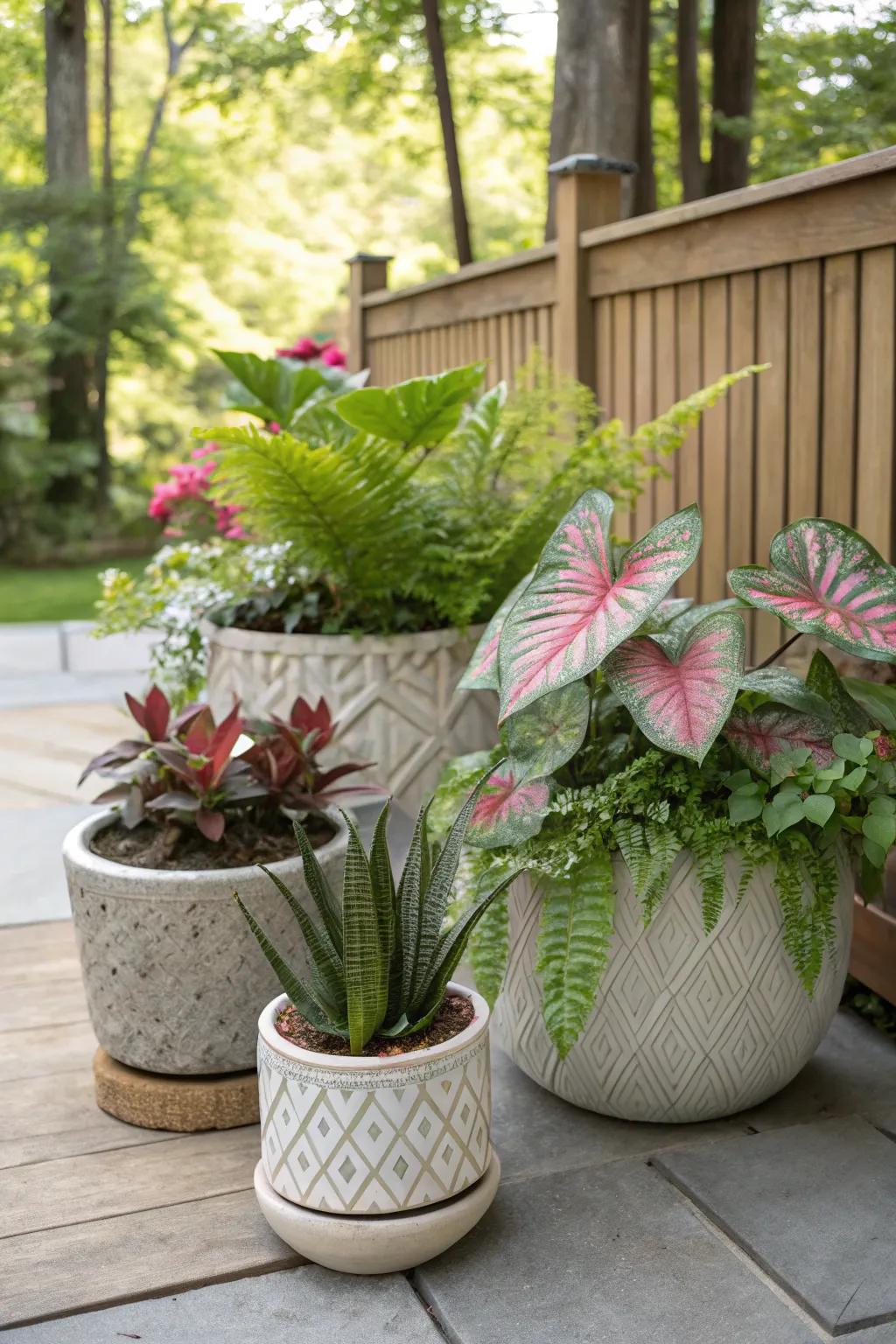 Tactile variation with kaleidoscope plants and other flora creates visual fascination.