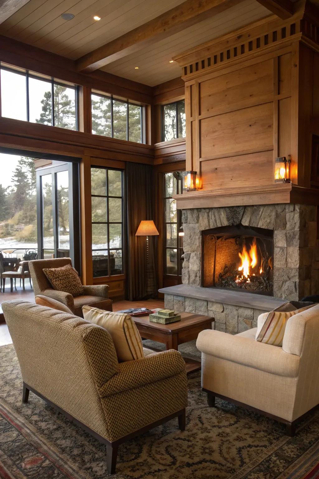 A snug hearth in a California room injects warmth and atmosphere.
