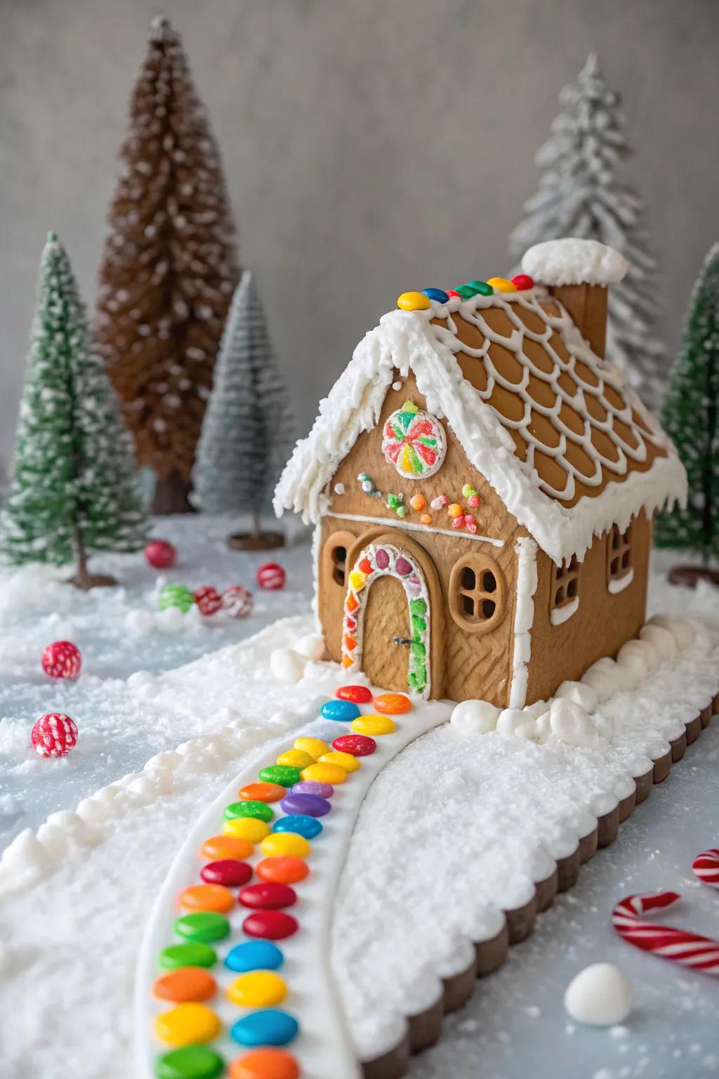 A vibrant pathway crafted with colorful morsels directed to the gingerbread residence entryway.